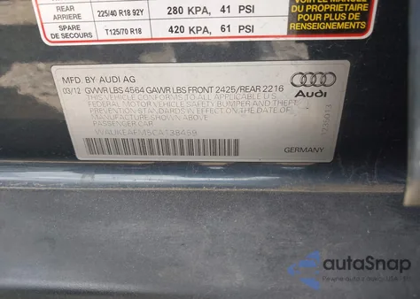 2012 Audi A3 2.0T Premium z USA, uszkodzony, nr VIN WAUKEAFM5CA138459